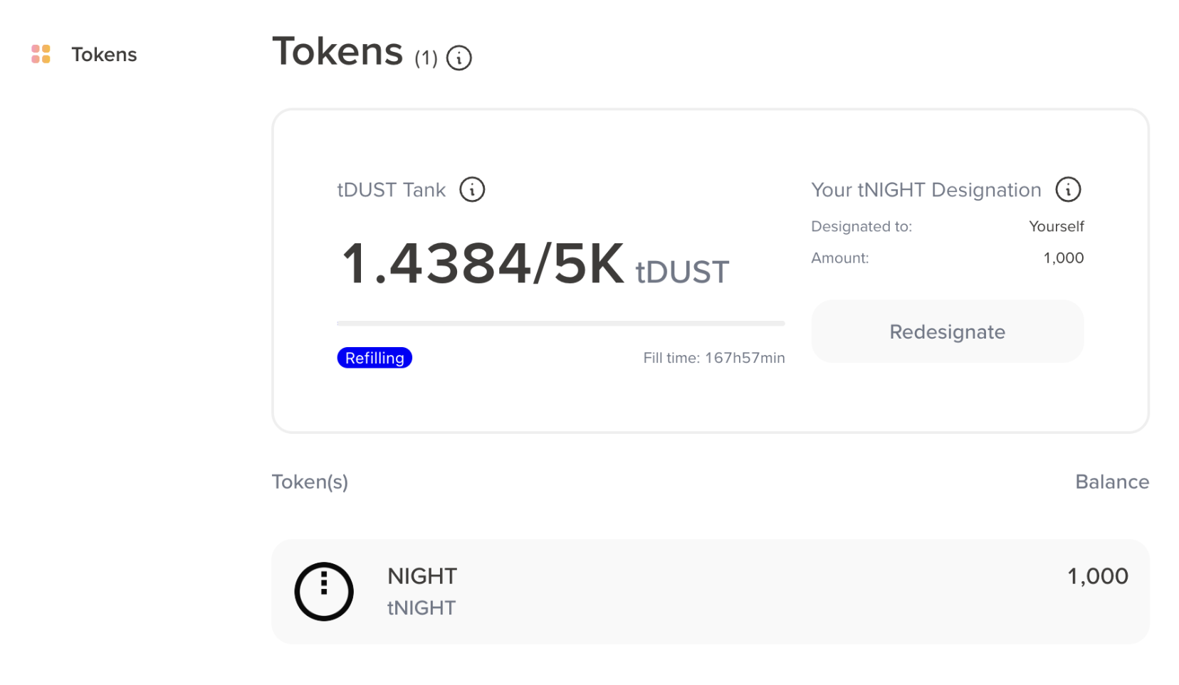 The Lace tDUST tank generating tokens after registration