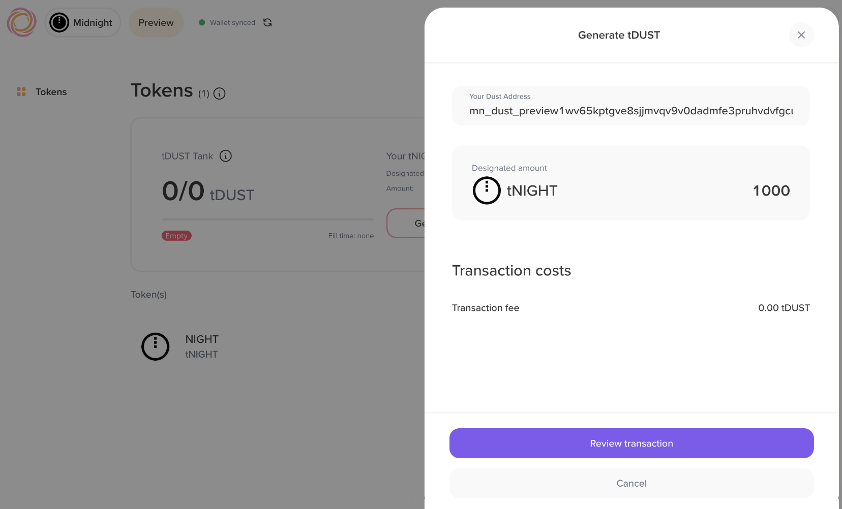 The Generate tDUST dialog with the address filled in and the Review transaction button